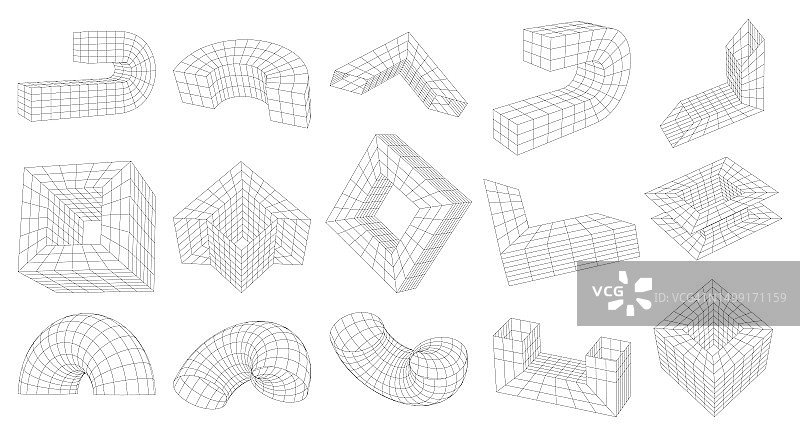 矢量抽象奇怪的几何线框三维形状。透视扭曲网格，3D技术网格。一组不同的线性元素，灵感来自野兽派，图形设计对象图片素材
