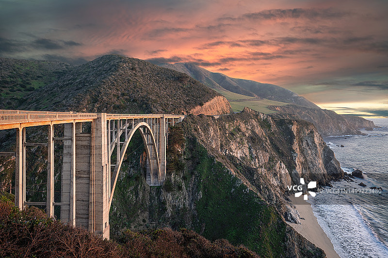 黄昏时分的比克斯比大桥——加利福尼亚州大苏尔图片素材