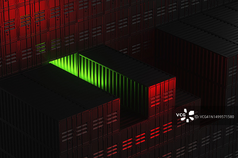 夜间红色霓虹灯下的集装箱仓库图片素材