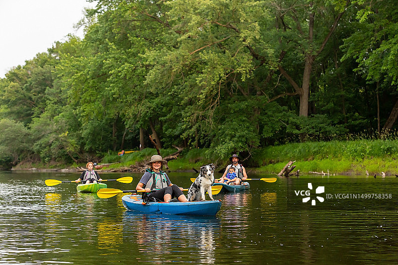 一家人和狗在夏季的朗姆河上划皮划艇图片素材