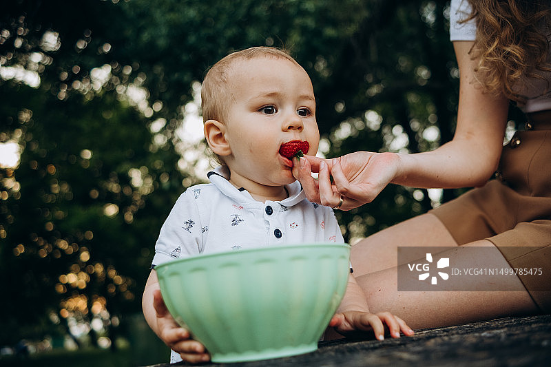 母亲在公园长椅上喂孩子吃草莓图片素材