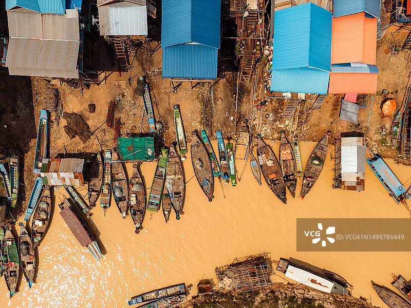 柬埔寨磅同富禄村航拍景观：高跷房屋、渔船和水上村庄图片素材