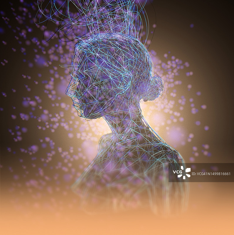 CGI女性模型发光粒子场路径图片素材