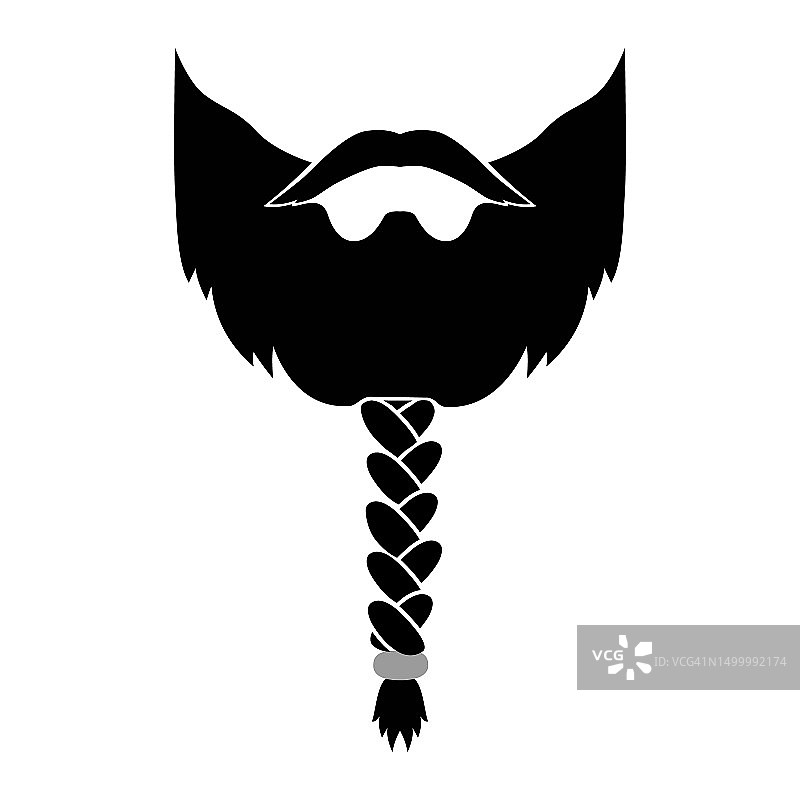 维京胡须男士编织或佩戴珠子发型插画，面部毛发胡须。矢量黑色男性时尚模板理发合集。白色背景上孤立的时尚发型轮廓图片素材