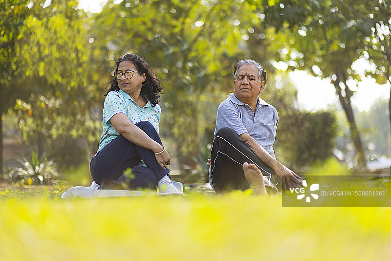 中年夫妇在公园里做瑜伽图片素材