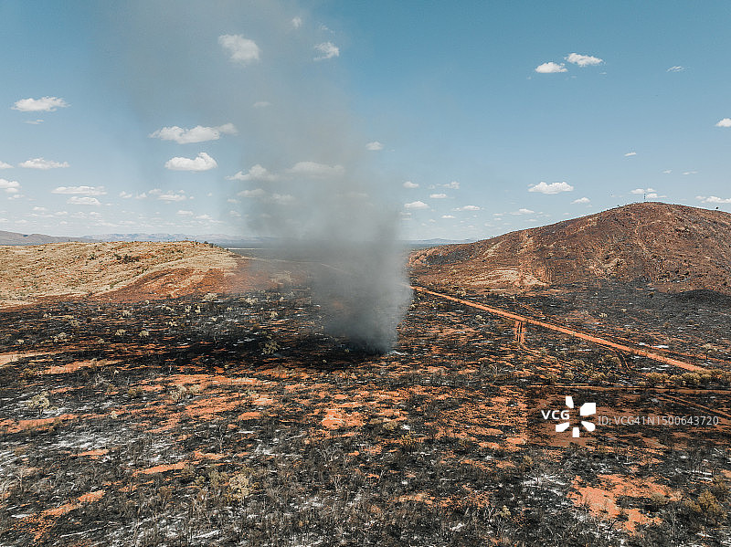 无人机视角：澳大利亚塔纳米沙漠，大型尘卷风穿越烧焦景观图片素材