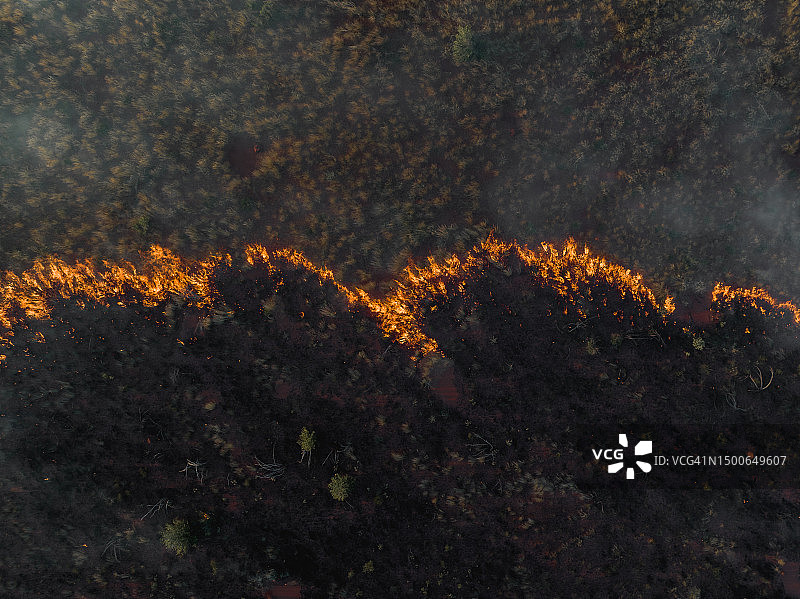 澳大利亚北部地区塔纳米沙漠的草原火灾鸟瞰图图片素材