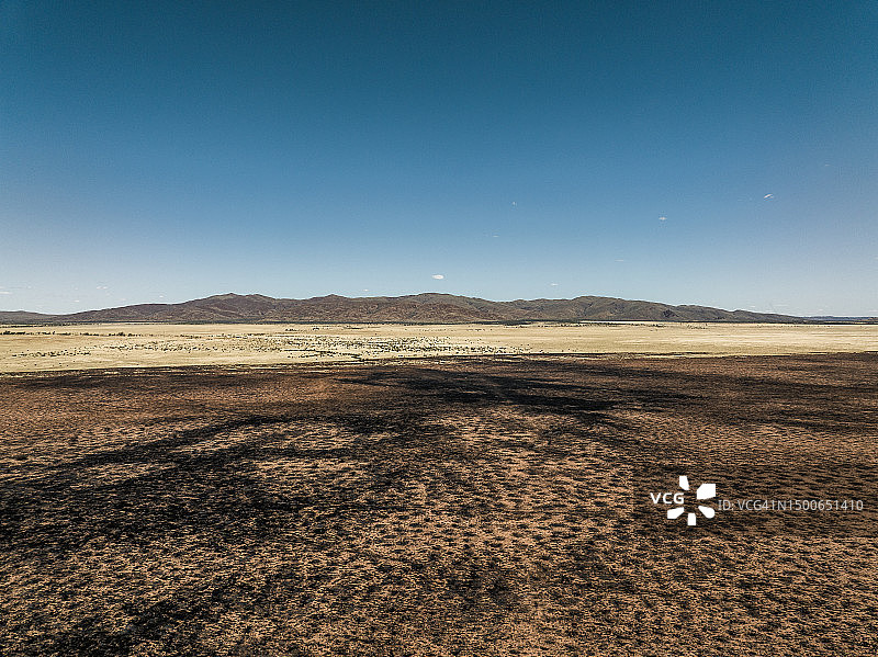 在晴朗的一天，从空中拍摄的澳大利亚北部地区丛林大火后的烧毁土地图片素材
