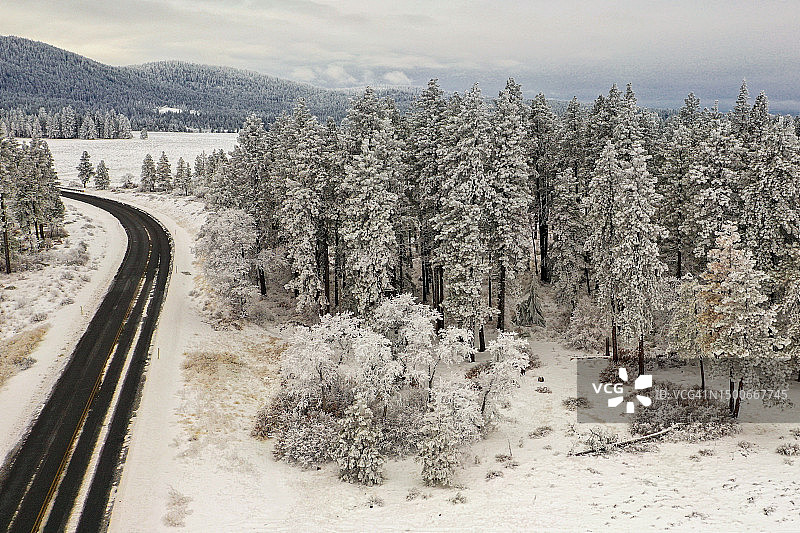 美国雪地树林公路俯瞰图图片素材