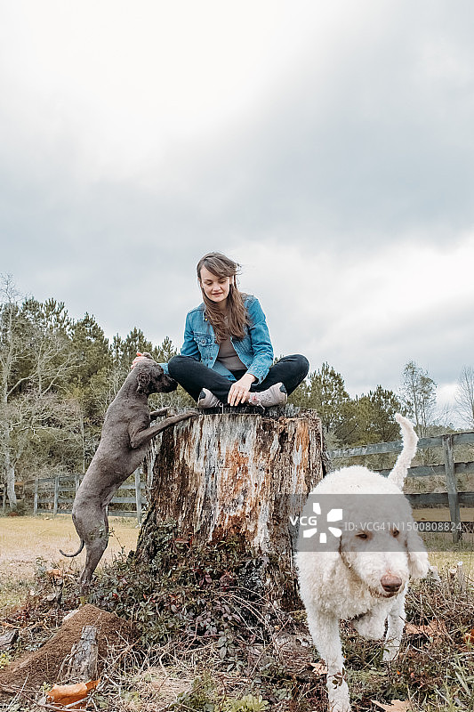 年轻女子在户外玩油灰泥，快乐的主人和小山地犬在乡村田野上玩耍，遛宠物图片素材