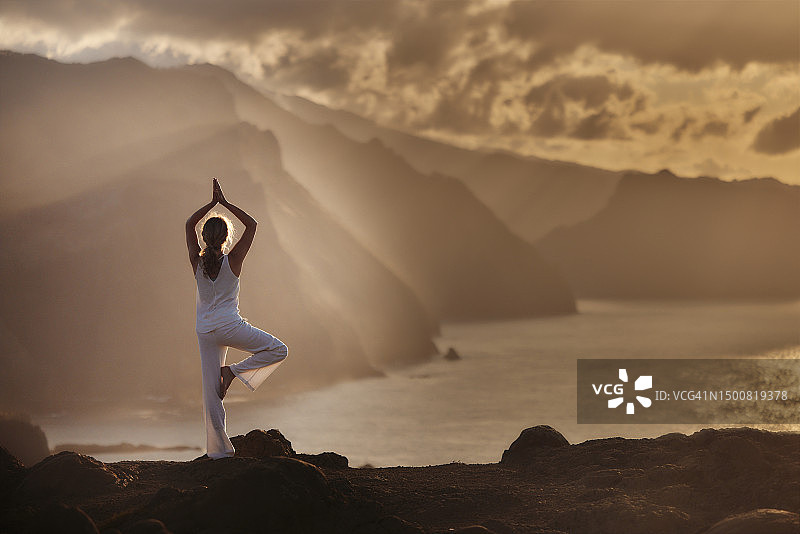 女人海边悬崖树式姿势背面图片素材