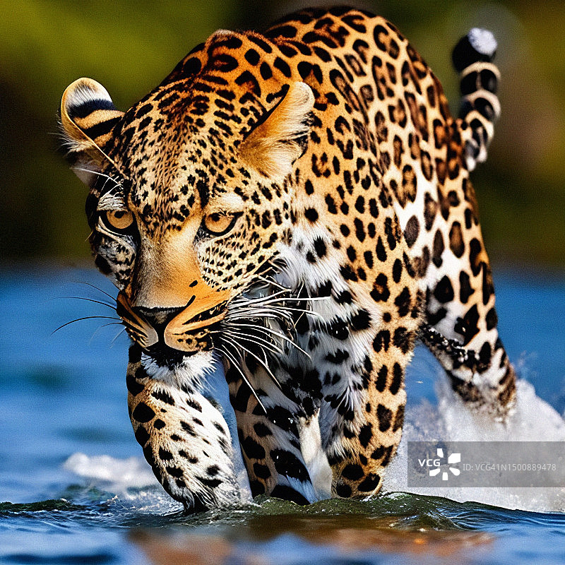 在水上奔跑的豹子特写，非洲，美国俄亥俄州图片素材