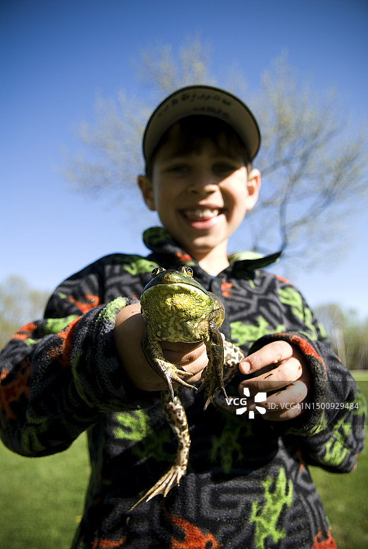 男孩拿着牛蛙，缅因州，新英格兰图片素材