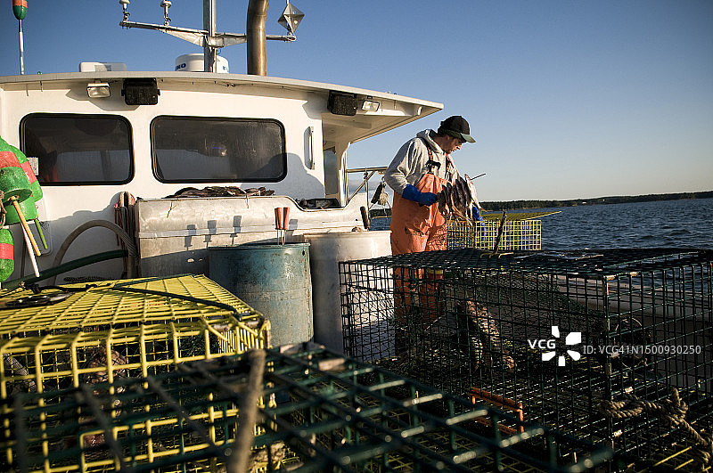 在缅因州卡斯科湾投放诱饵的捕龙虾人图片素材