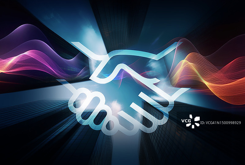 商务主题图形叠加图像。在城市景观背景下，握手达成商业协议图片素材