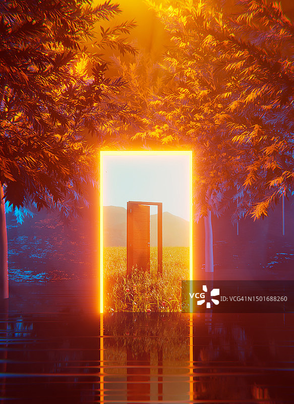空灵森林：揭示通往另类现实的霓虹灯照明的门户图片素材