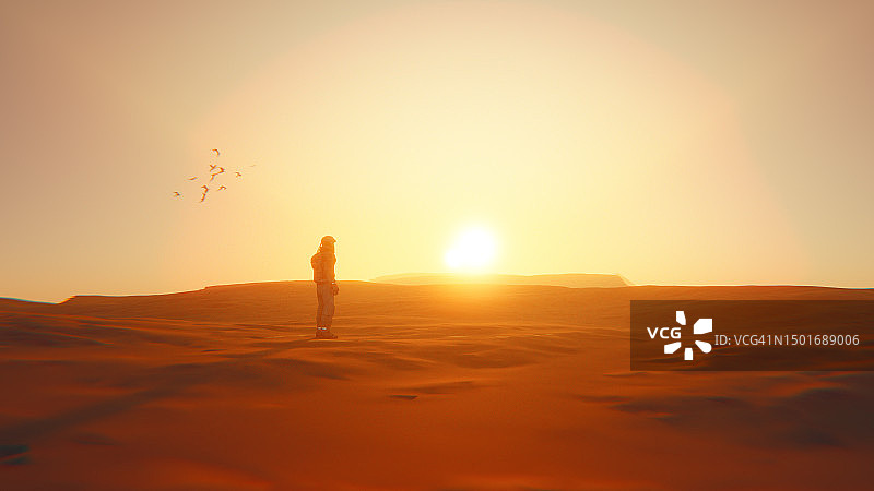 宇航员站在红色星球表面执行太空任务图片素材