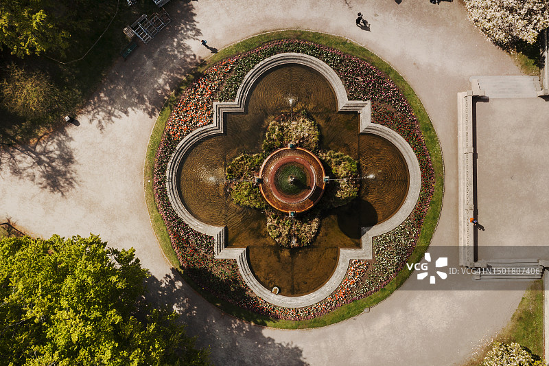 大学建筑外公园喷泉的航拍景色图片素材