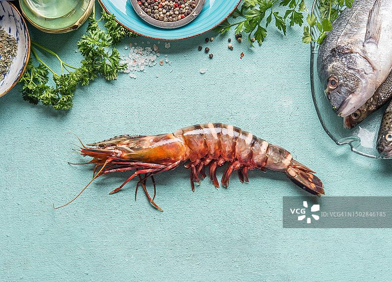蓝色桌上的生海螯虾及海鲜食材图片素材