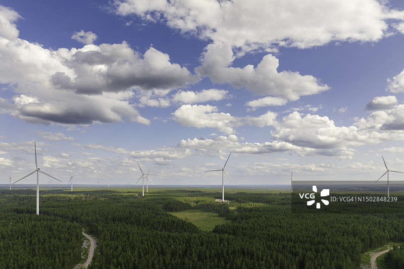 夏季森林景观中的风力涡轮机图片素材