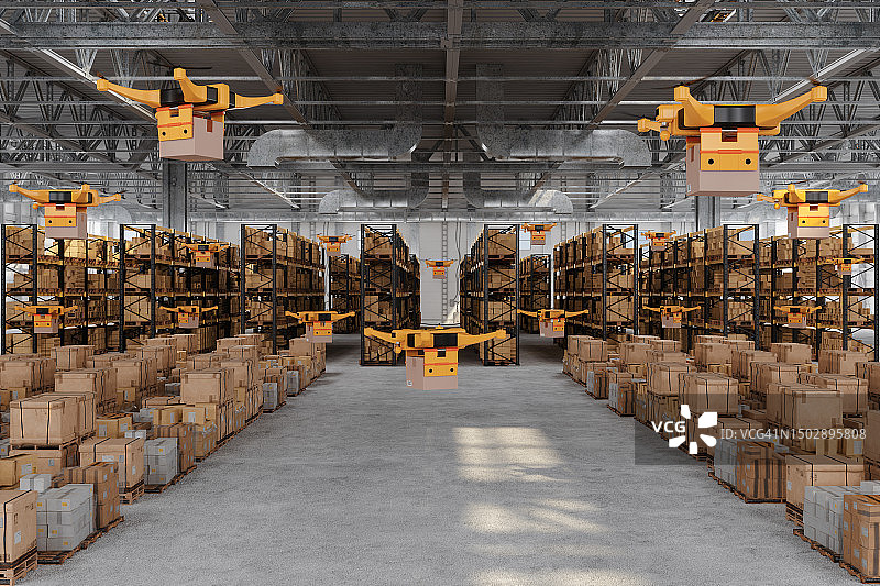 无人机运送纸箱的智能配送仓库图片素材