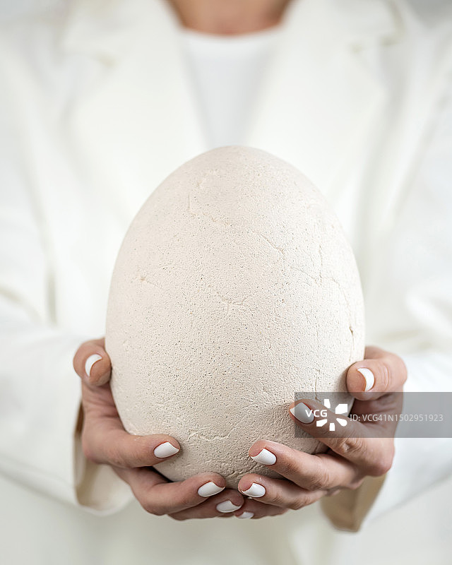 女人手中的陶瓷彩蛋，白色背景图片素材