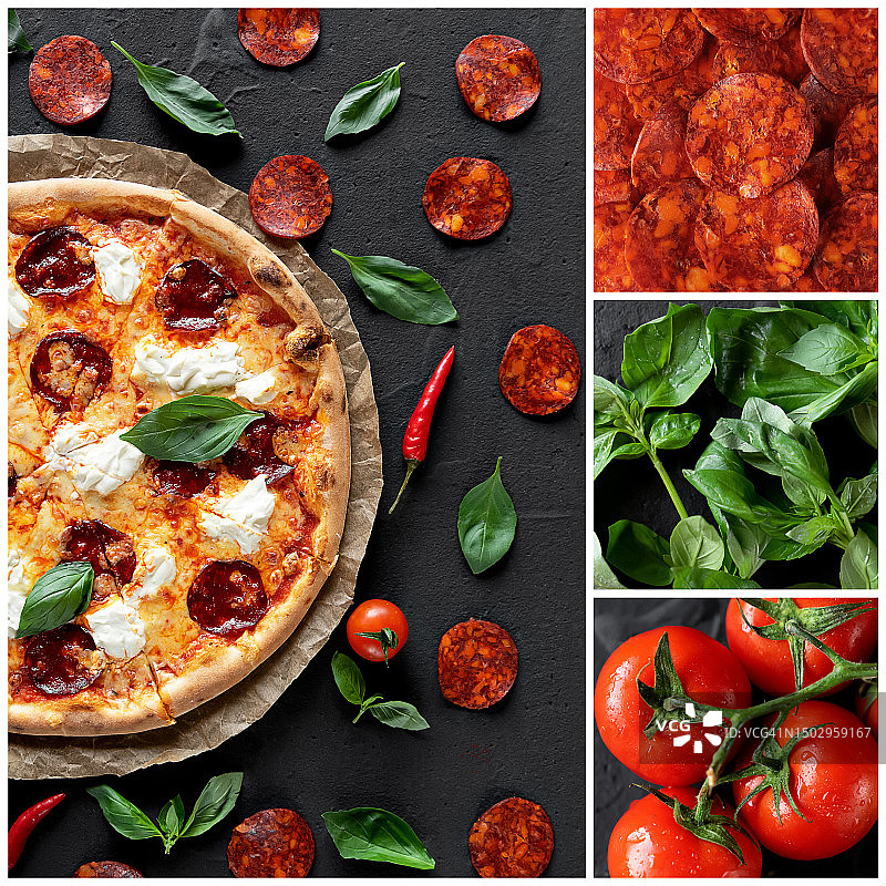披萨及其配料拼贴：玛格丽特披萨、意式香肠披萨图片素材