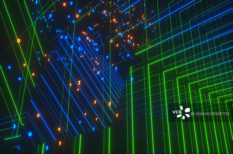具有二进制代码的神经网络或人工智能在黑色背景上的霓虹灯射线和反射。图片素材