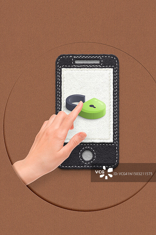 带有锁定挂锁和女性手的纸工艺智能手机图片素材