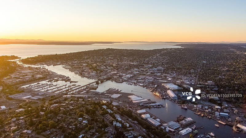 西雅图巴拉德华盛顿湖运河航拍图片素材