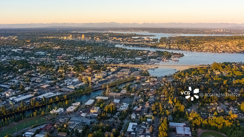 西雅图运河、桥梁、弗里蒙特、安妮女王区及周边航拍图片素材