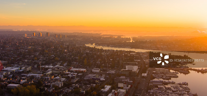西雅图弗里蒙特和沃灵福德日出航拍图片素材