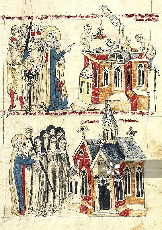 班贝格圣海德薇和新修道院,修女入住新修道院,《圣海德薇传》,1353年,德国巴伐利亚州班贝格,历史资料,19世纪原版数字化修复图片素材