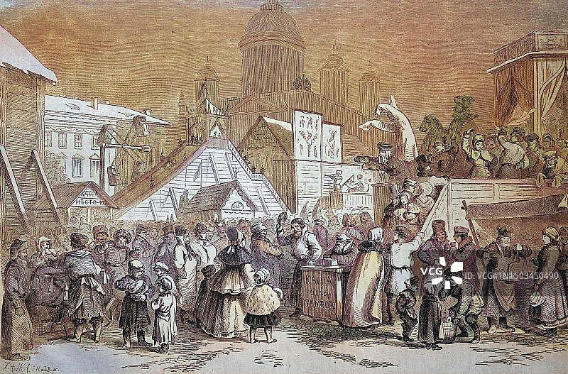 圣彼得堡的谢肉节（俄罗斯），历史雕刻，约1870年，历史照片，从19世纪原版数字化修复，彩色，确切日期未知图片素材