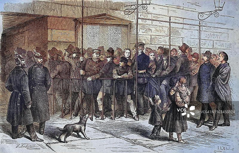 德国柏林歌剧院售票处排队场景（1869年历史照片）图片素材