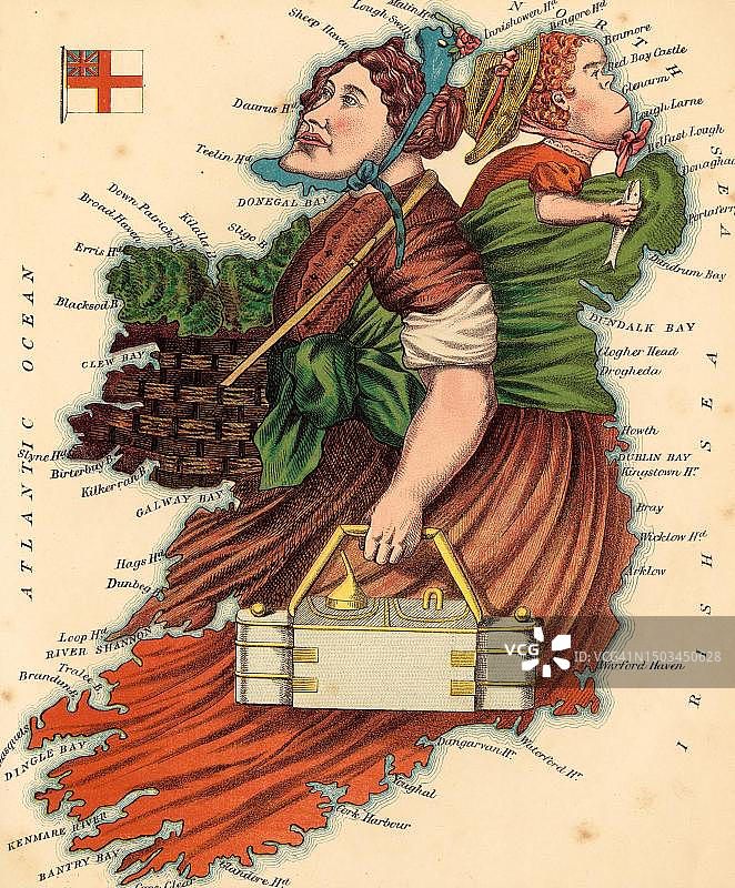 拟人化的地图，约1880年，爱尔兰，描绘了农妇，历史，从19世纪的原始图像进行数字化修复图片素材