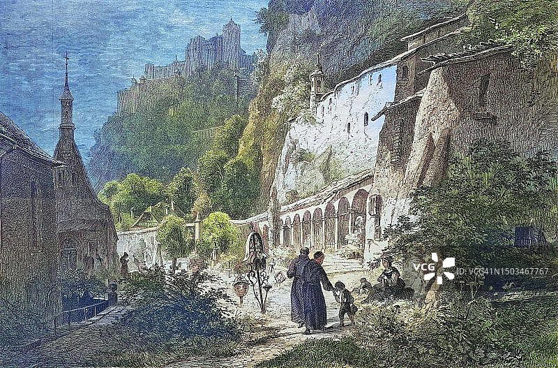 奥地利萨尔茨堡圣彼得墓园，1869年历史雕刻，彩色数字修复再现19世纪原貌，确切日期未知图片素材