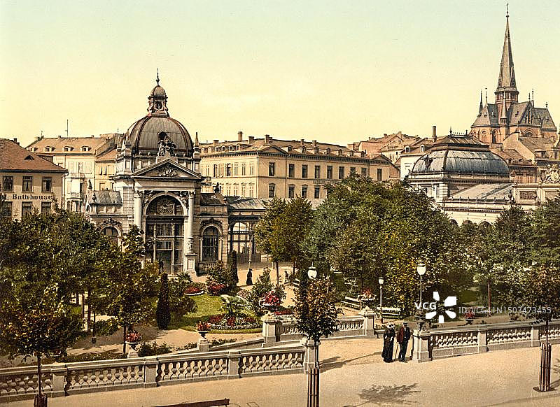 德国黑森州威斯巴登的科赫布伦嫩，19世纪90年代彩色照片的数字修复复制品图片素材