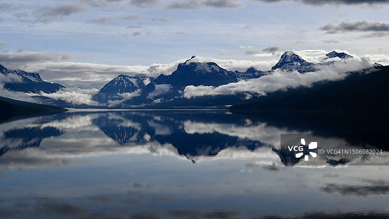 美国蒙大拿州麦克唐纳湖雪山风景图片素材