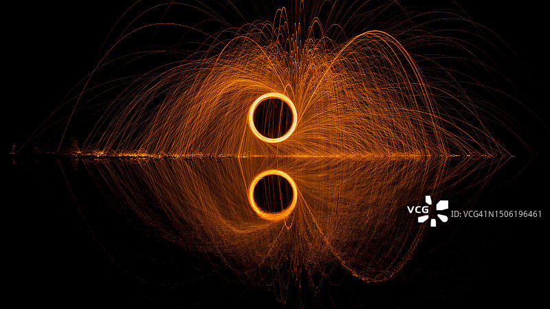 男人在瑞士的夜晚旋转钢丝棉图片素材