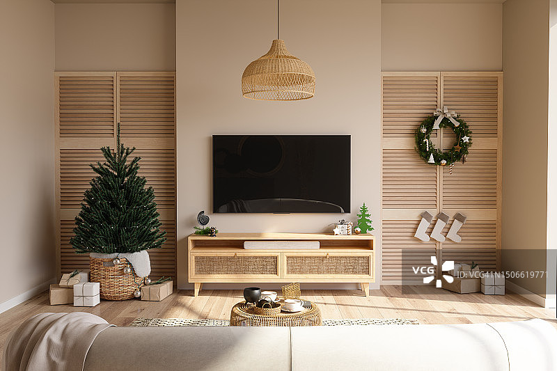 现代客厅室内设计，配有圣诞树、礼品盒、智能电视、橱柜和沙发图片素材