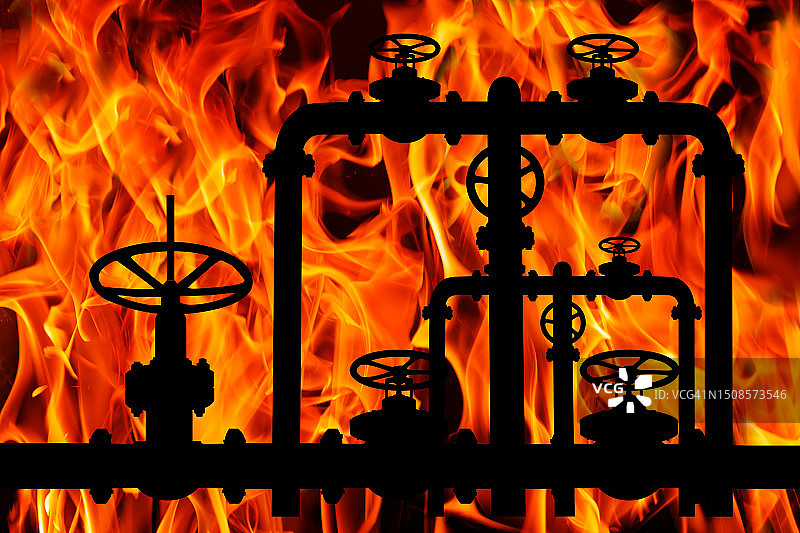 火焰背景下的天然气管道阀门图片素材