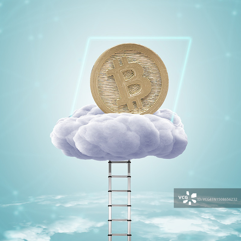 云朵、梯子和金色比特币图片素材