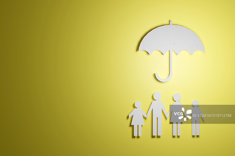 黄色背景下的家庭与伞3D渲染图片素材