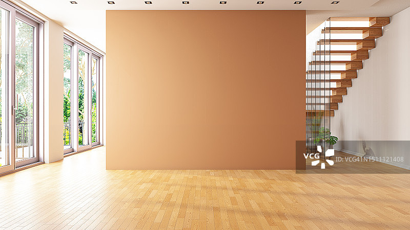 带空米色墙壁和楼梯的无家具客厅图片素材