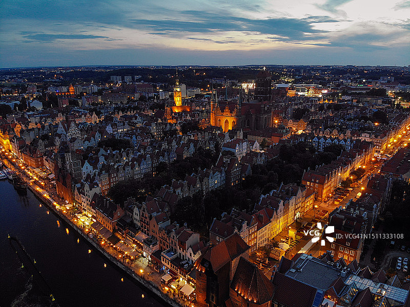 波兰格但斯克老城区天际线日落鸟瞰图片素材