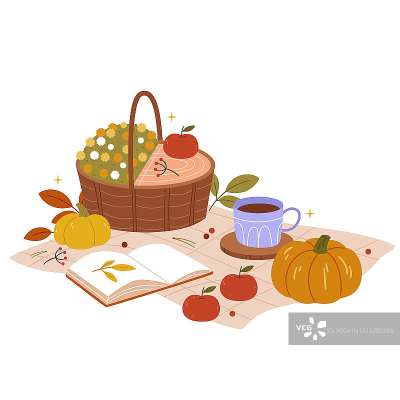 秋季野餐：毯子上的水果和菊花篮，还有南瓜、咖啡和书本，可爱的秋季插画图片素材