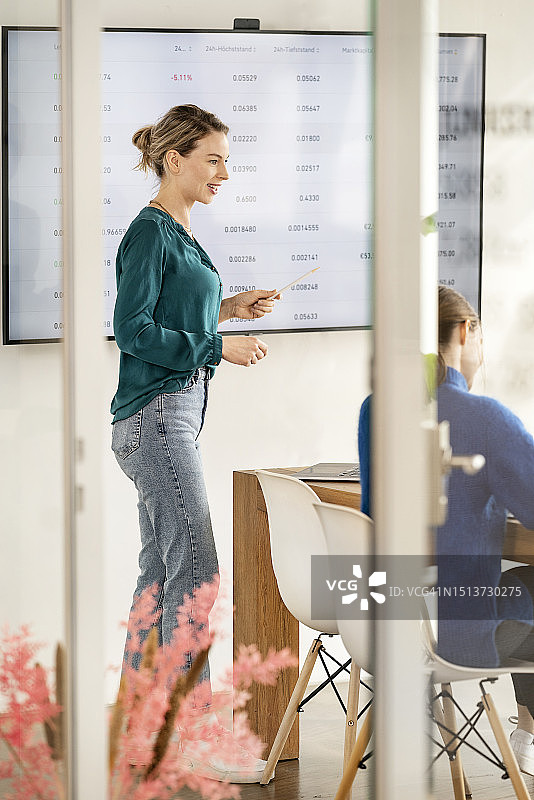 站在办公室互动白板前的快乐女商人图片素材