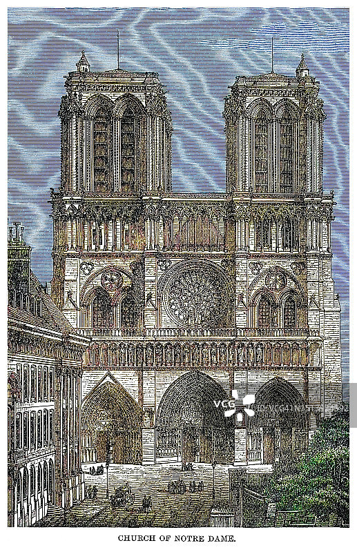 巴黎圣母院旧雕刻插图图片素材
