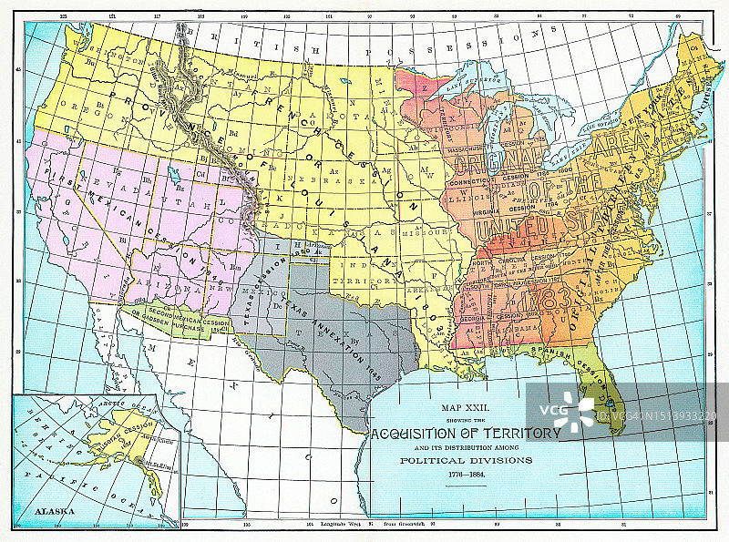 美国领土 acquisition 和政治区域划分（1776-1884）的旧彩色石印地图图片素材